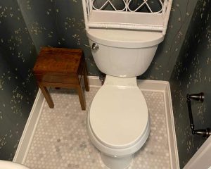 Toiled seat in a bathroom with decorated walls